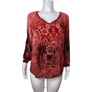 N23. Sundance Silk Top L Velvet Multicolor Red Blouse Long Sleeve V Neck